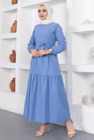 Tesettür giyim LACİVERT A KESİM BİSİKLET YAKA KUŞAKLI ELBİSE T 114