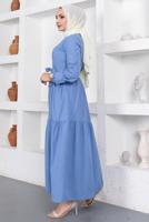 Tesettür giyim LACİVERT A KESİM BİSİKLET YAKA KUŞAKLI ELBİSE T 114