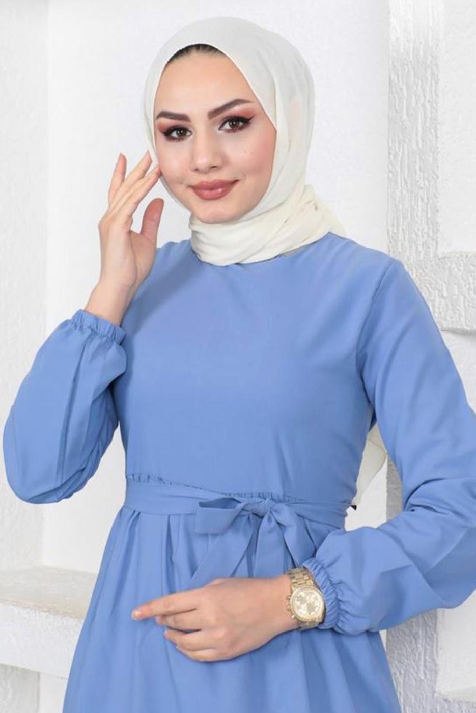 Tesettür giyim LACİVERT A KESİM BİSİKLET YAKA KUŞAKLI ELBİSE T 114