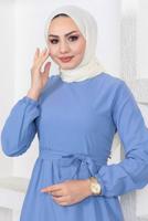 Tesettür giyim LACİVERT A KESİM BİSİKLET YAKA KUŞAKLI ELBİSE T 114