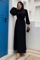 Tesettür giyim SİYAH KOLU PİLİSELİ KUŞAKLI ELBİSE T 1383