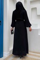 Tesettür giyim SİYAH KOLU PİLİSELİ KUŞAKLI ELBİSE T 1383