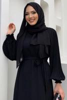 Tesettür giyim SİYAH KOLU PİLİSELİ KUŞAKLI ELBİSE T 1383