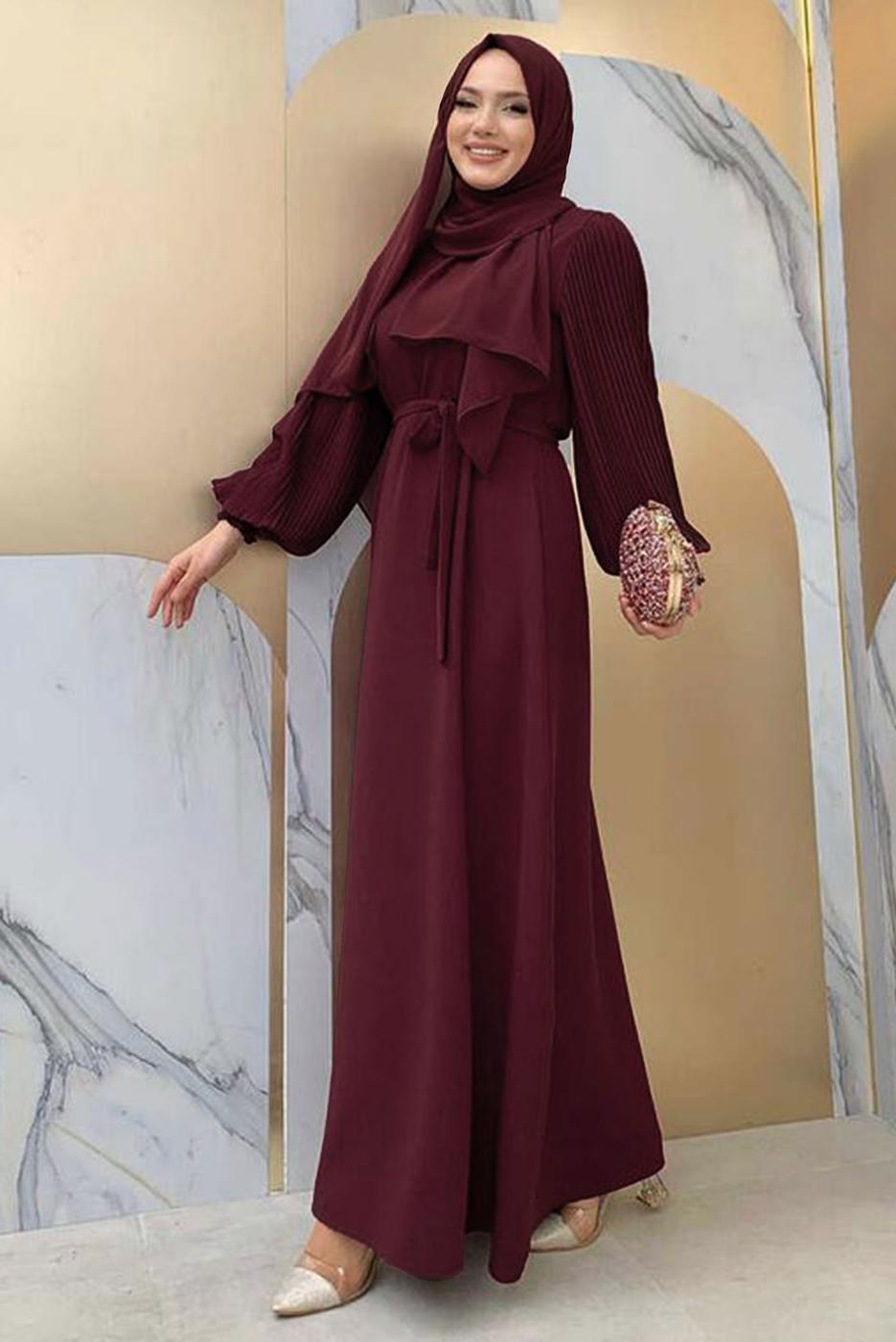 Tesettür giyim BORDO KOLU PİLİSELİ KUŞAKLI ELBİSE T 1383