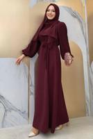 Tesettür giyim BORDO KOLU PİLİSELİ KUŞAKLI ELBİSE T 1383