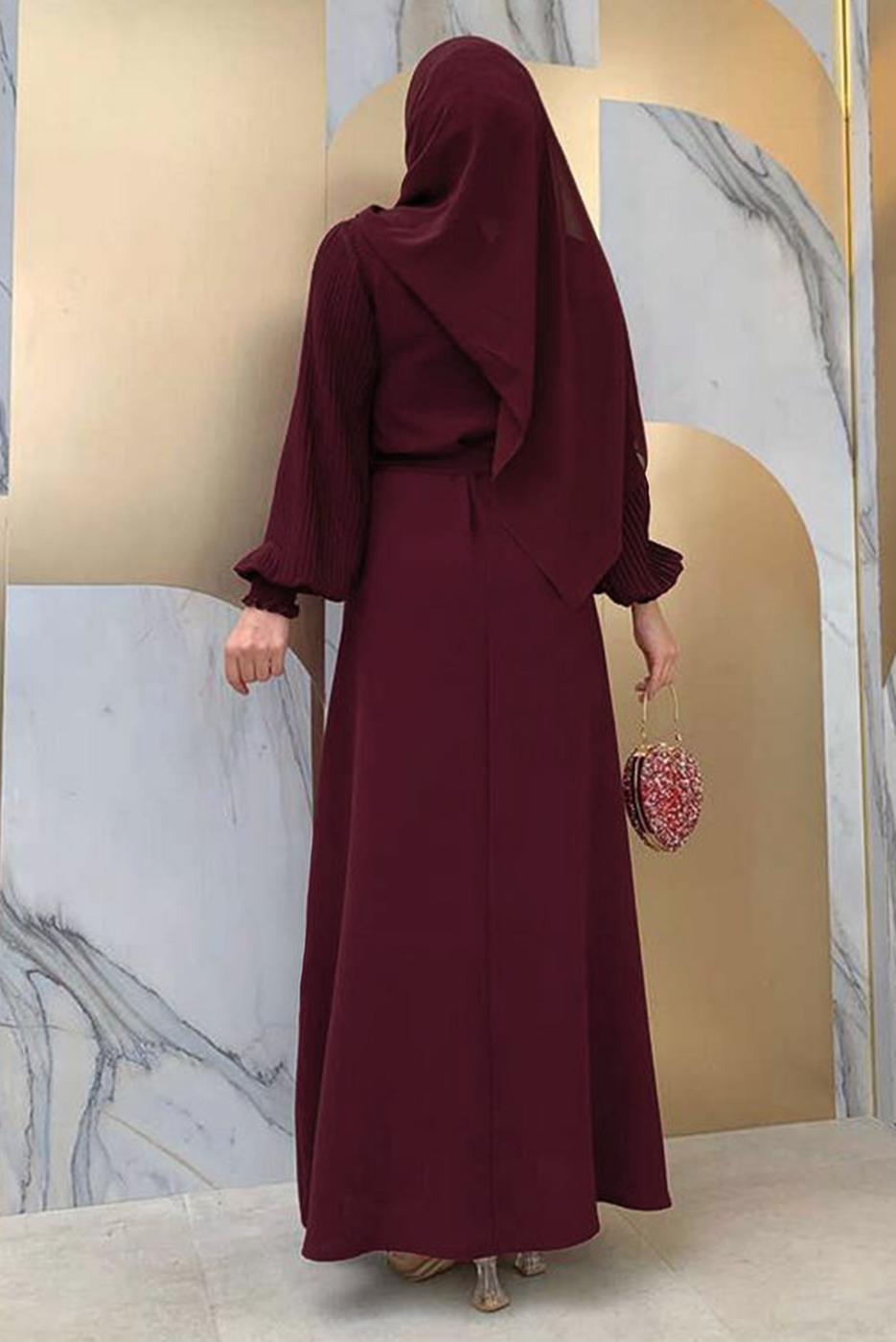 Tesettür giyim BORDO KOLU PİLİSELİ KUŞAKLI ELBİSE T 1383