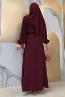 Tesettür giyim BORDO KOLU PİLİSELİ KUŞAKLI ELBİSE T 1383