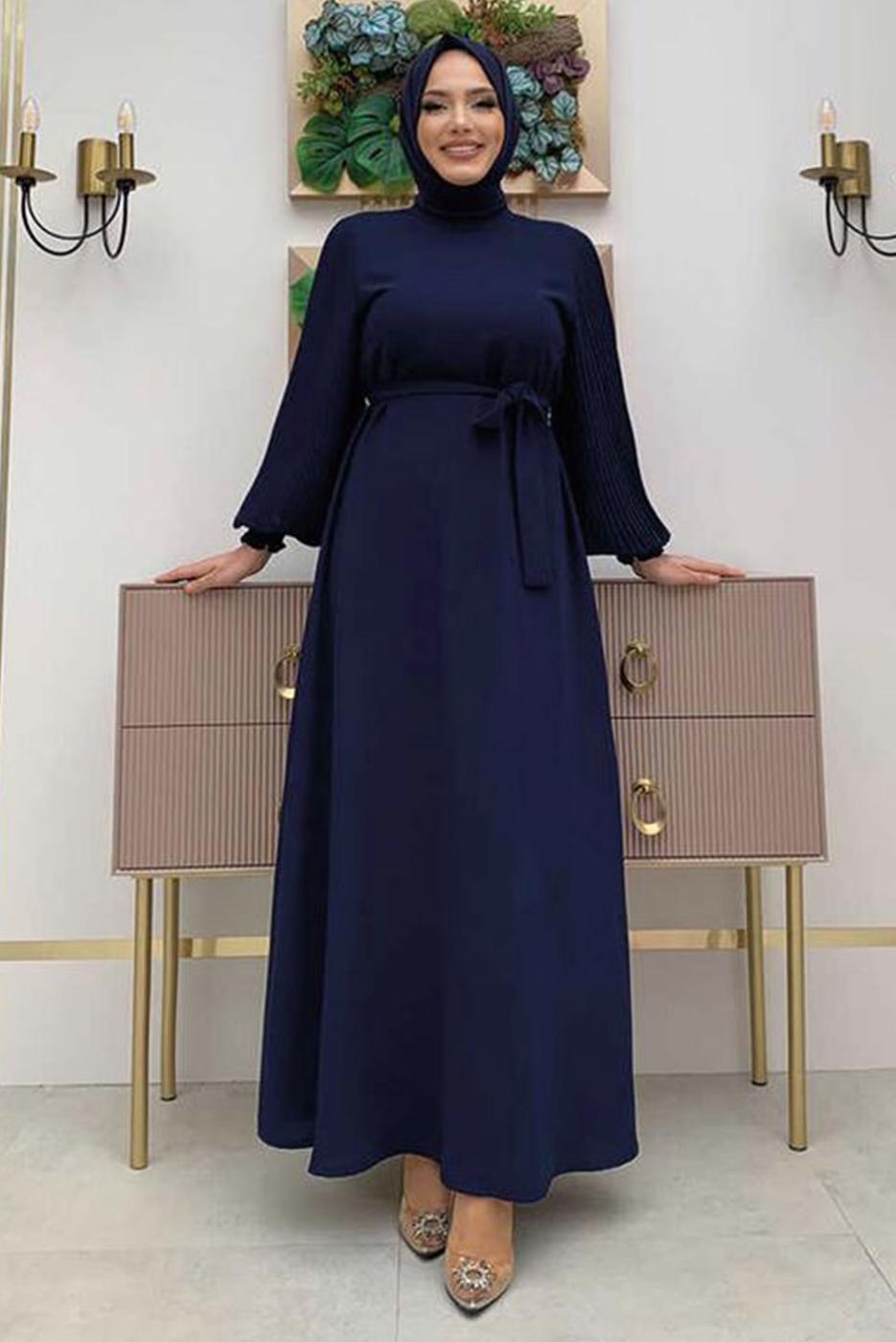 Tesettür giyim LACİVERT KOLU PİLİSELİ KUŞAKLI ELBİSE T 1383