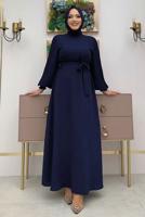 Tesettür giyim LACİVERT KOLU PİLİSELİ KUŞAKLI ELBİSE T 1383