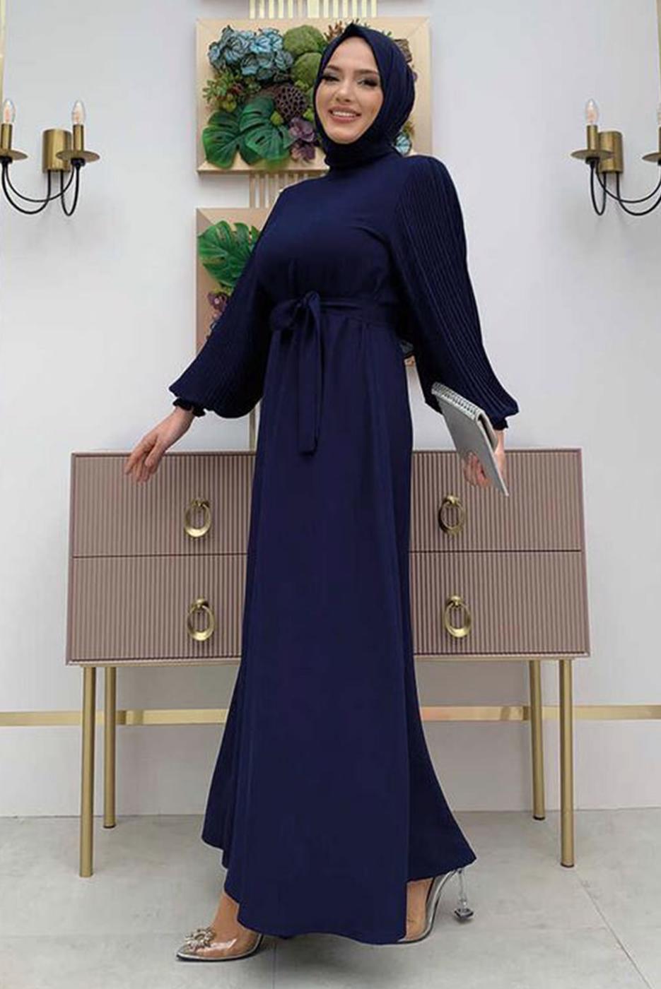 Tesettür giyim LACİVERT KOLU PİLİSELİ KUŞAKLI ELBİSE T 1383