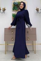 Tesettür giyim LACİVERT KOLU PİLİSELİ KUŞAKLI ELBİSE T 1383