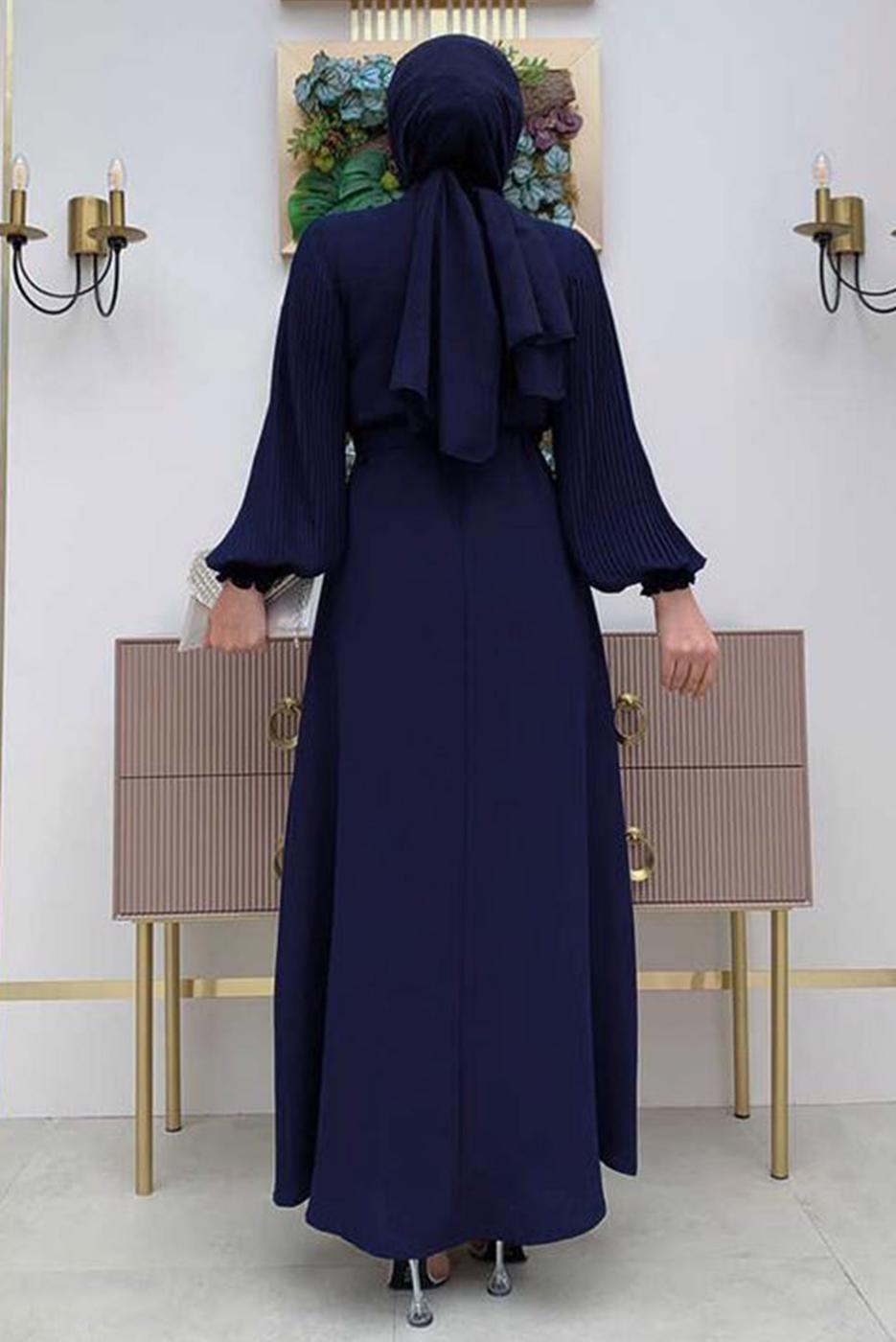 Tesettür giyim LACİVERT KOLU PİLİSELİ KUŞAKLI ELBİSE T 1383