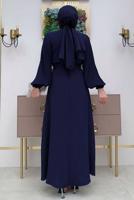 Tesettür giyim LACİVERT KOLU PİLİSELİ KUŞAKLI ELBİSE T 1383