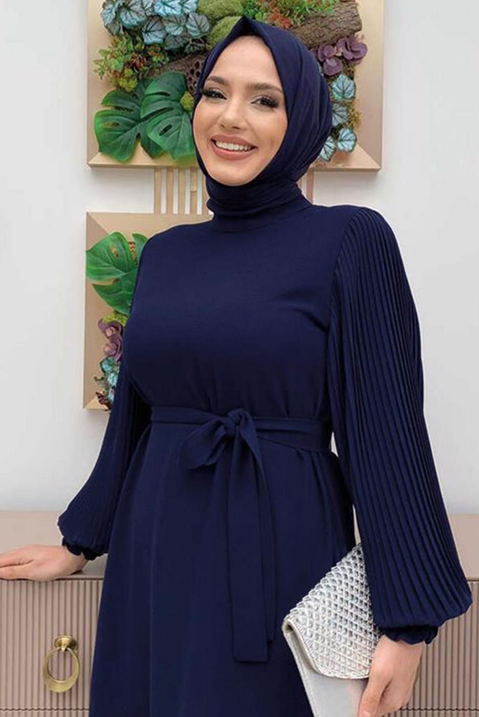 Tesettür giyim LACİVERT KOLU PİLİSELİ KUŞAKLI ELBİSE T 1383