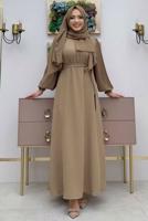 Tesettür giyim VİZON KOLU PİLİSELİ KUŞAKLI ELBİSE T 1383