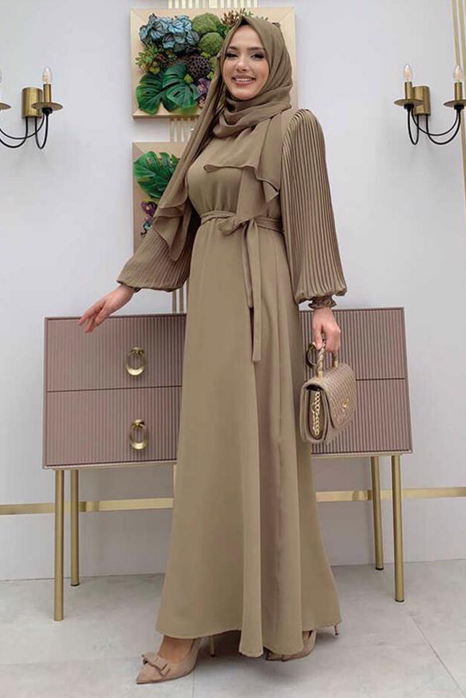 Tesettür giyim VİZON KOLU PİLİSELİ KUŞAKLI ELBİSE T 1383