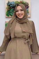 Tesettür giyim VİZON KOLU PİLİSELİ KUŞAKLI ELBİSE T 1383