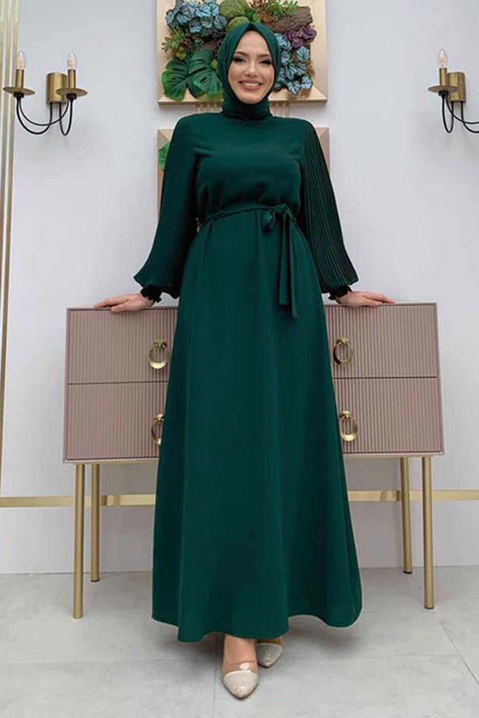 Tesettür giyim YEŞİL KOLU PİLİSELİ KUŞAKLI ELBİSE T 1383