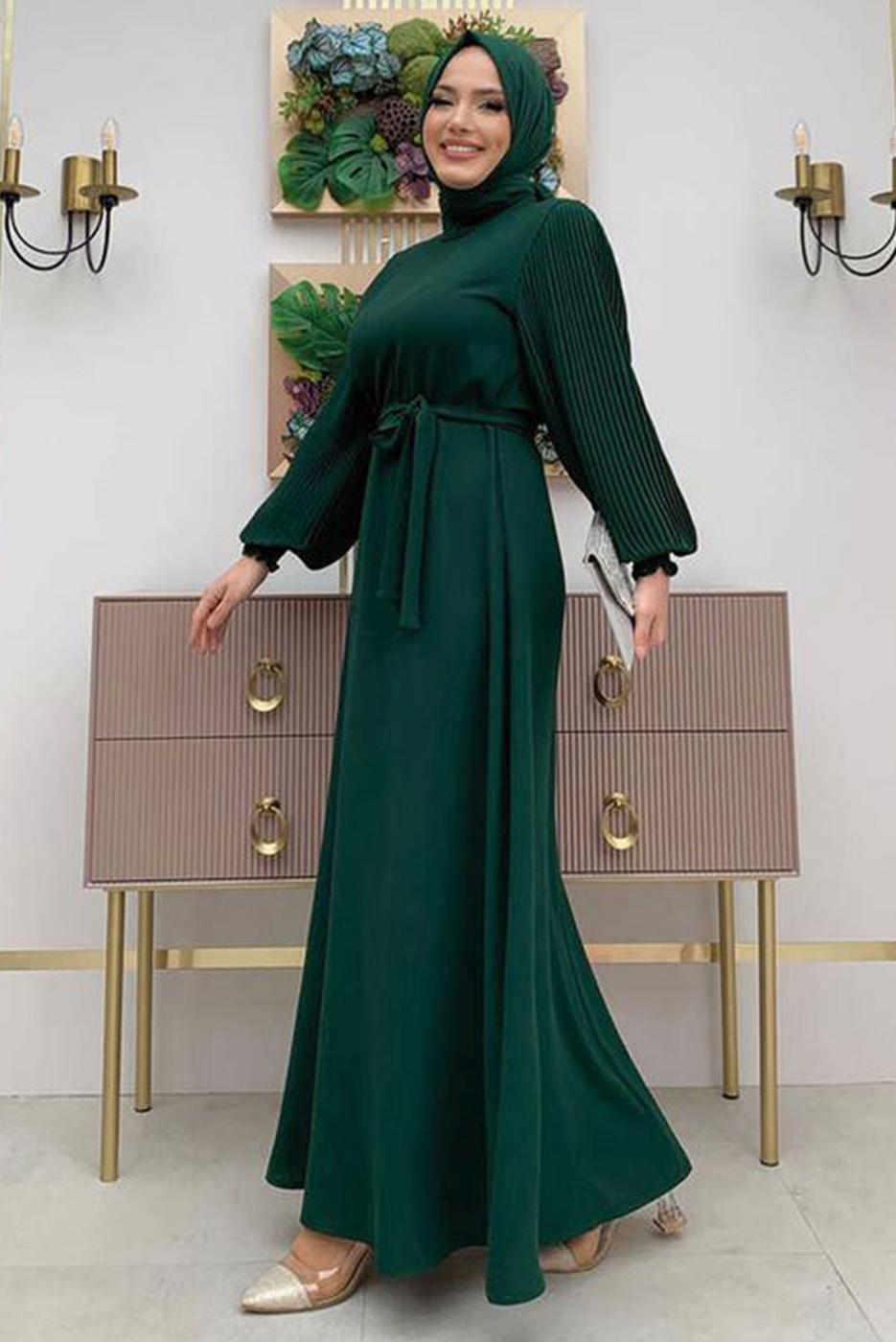 Tesettür giyim YEŞİL KOLU PİLİSELİ KUŞAKLI ELBİSE T 1383