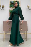 Tesettür giyim YEŞİL KOLU PİLİSELİ KUŞAKLI ELBİSE T 1383