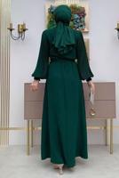 Tesettür giyim YEŞİL KOLU PİLİSELİ KUŞAKLI ELBİSE T 1383