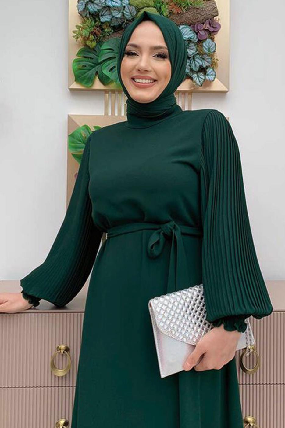 Tesettür giyim YEŞİL KOLU PİLİSELİ KUŞAKLI ELBİSE T 1383