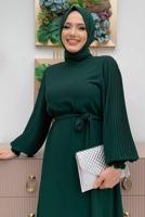 Tesettür giyim YEŞİL KOLU PİLİSELİ KUŞAKLI ELBİSE T 1383