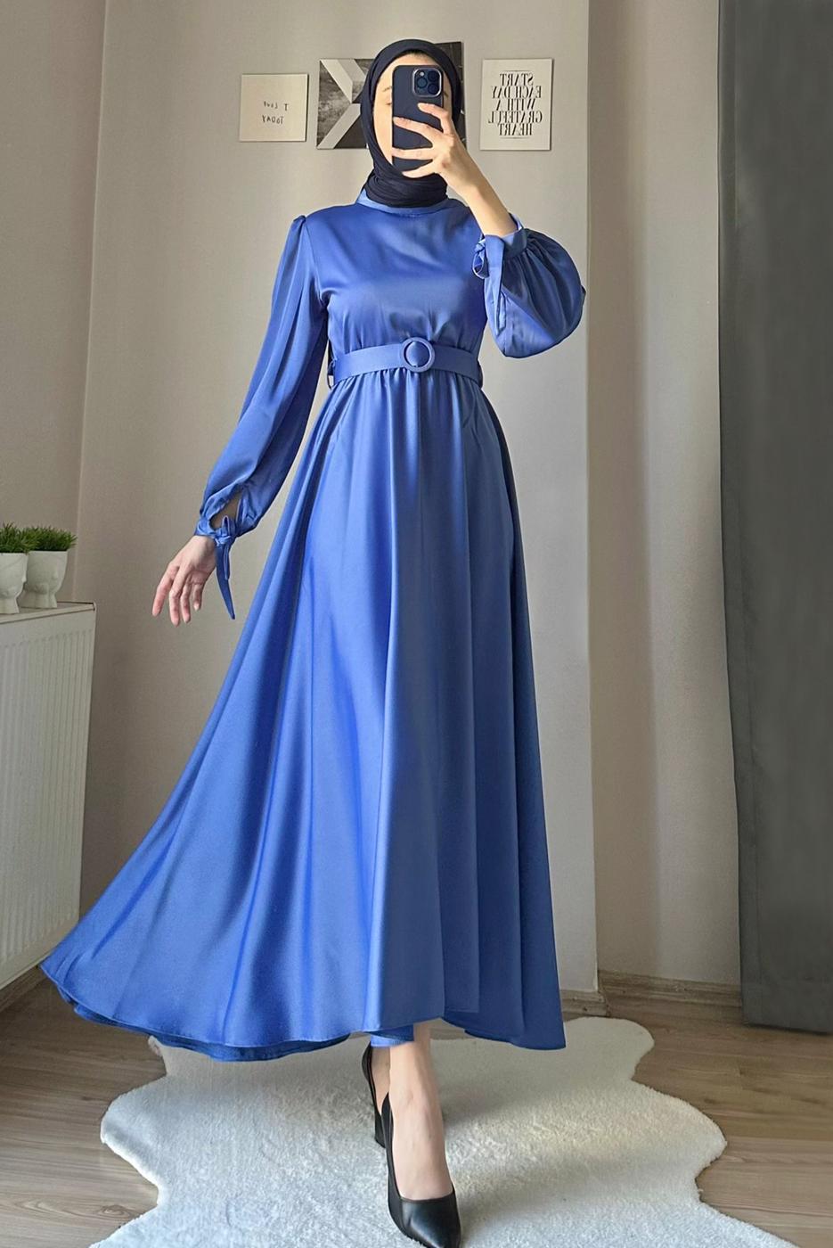 Hijab clothing BLUE BELTED SATIN EVENING DRESS T 1395