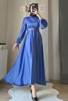 Hijab clothing BLUE BELTED SATIN EVENING DRESS T 1395