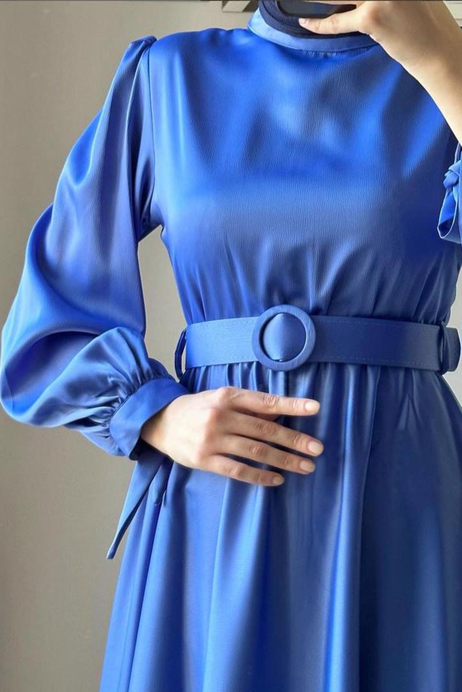 Hijab clothing BLUE BELTED SATIN EVENING DRESS T 1395