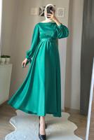 Tesettür giyim YEŞİL KEMERLİ SATEN ABİYE ELBİSE T 1395