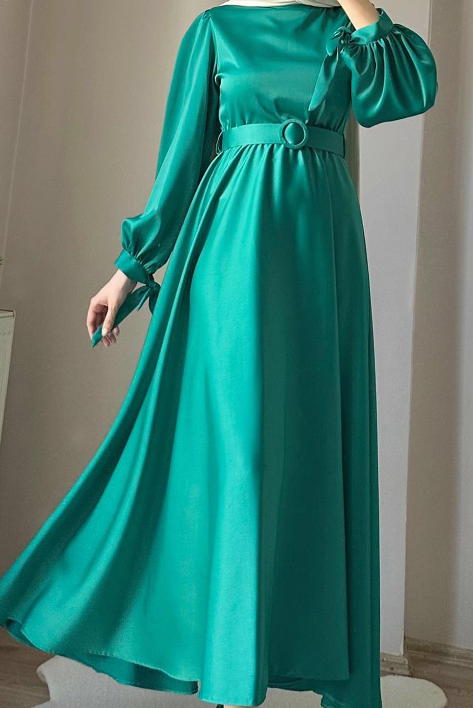 Tesettür giyim YEŞİL KEMERLİ SATEN ABİYE ELBİSE T 1395