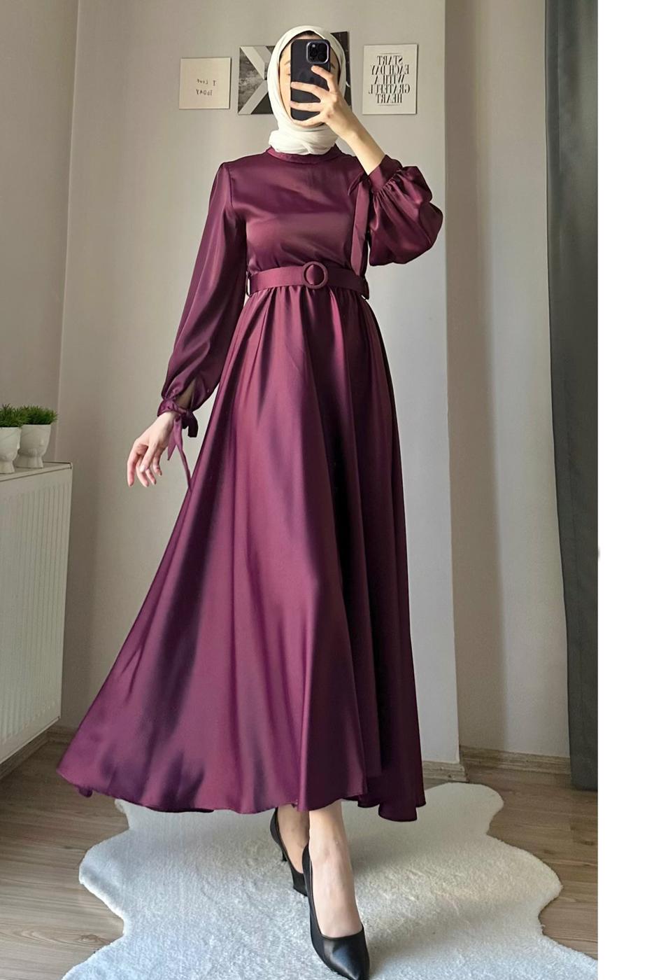 Tesettür giyim BORDO KEMERLİ SATEN ABİYE ELBİSE T 1395