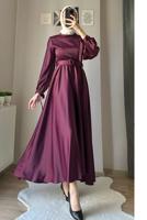 Tesettür giyim BORDO KEMERLİ SATEN ABİYE ELBİSE T 1395