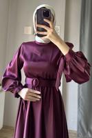 Tesettür giyim BORDO KEMERLİ SATEN ABİYE ELBİSE T 1395