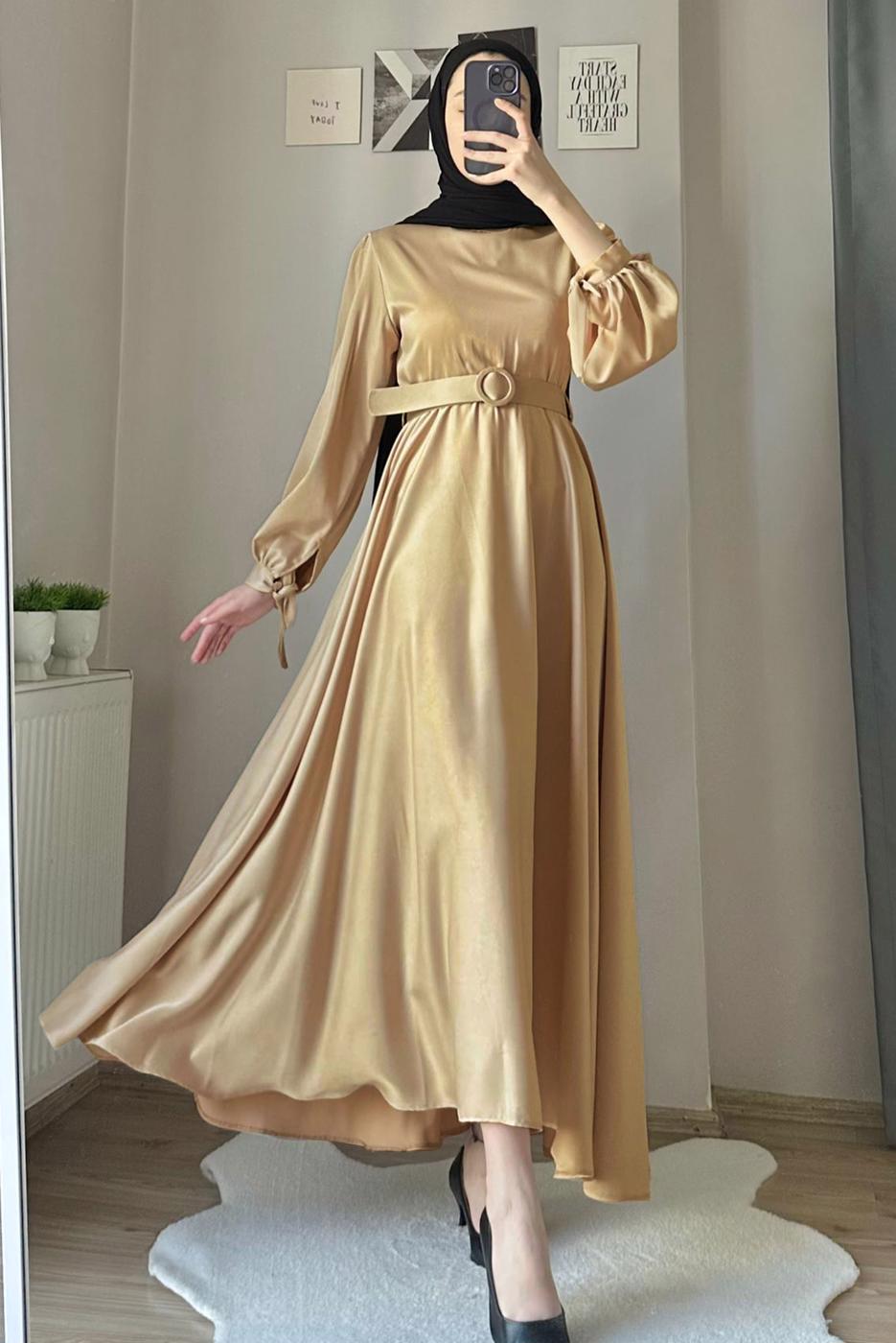 Hijab clothing GOLD BELTED SATIN EVENING DRESS T 1395