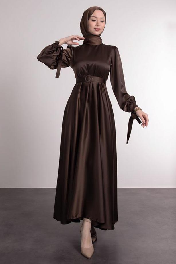 brown satin dress with sleeves Long Sleeve Satin Slip Dress in Chestnut Brown  Hijabglamour