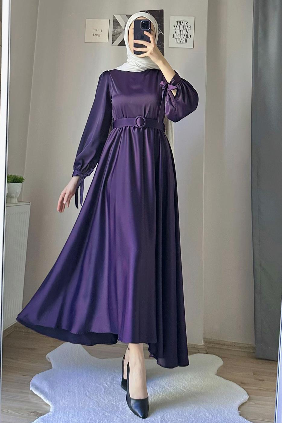 Tesettür giyim MÜRDÜM KEMERLİ SATEN ABİYE ELBİSE T 1395