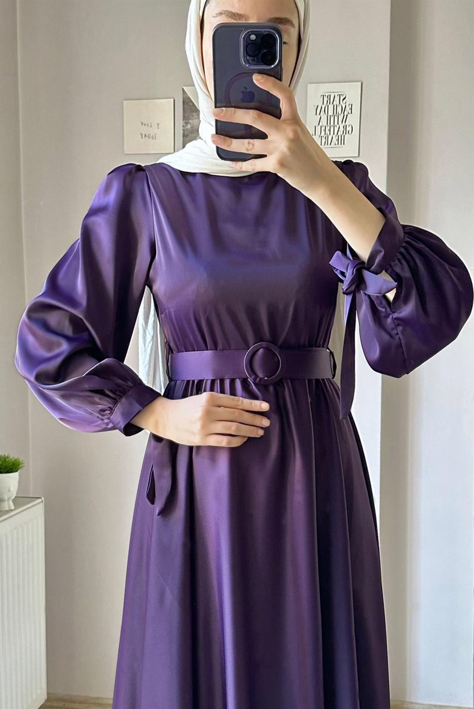 Tesettür giyim MÜRDÜM KEMERLİ SATEN ABİYE ELBİSE T 1395