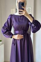 Tesettür giyim MÜRDÜM KEMERLİ SATEN ABİYE ELBİSE T 1395