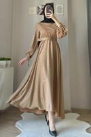 Tesettür giyim KAHVE KEMERLİ SATEN ABİYE ELBİSE T 1395