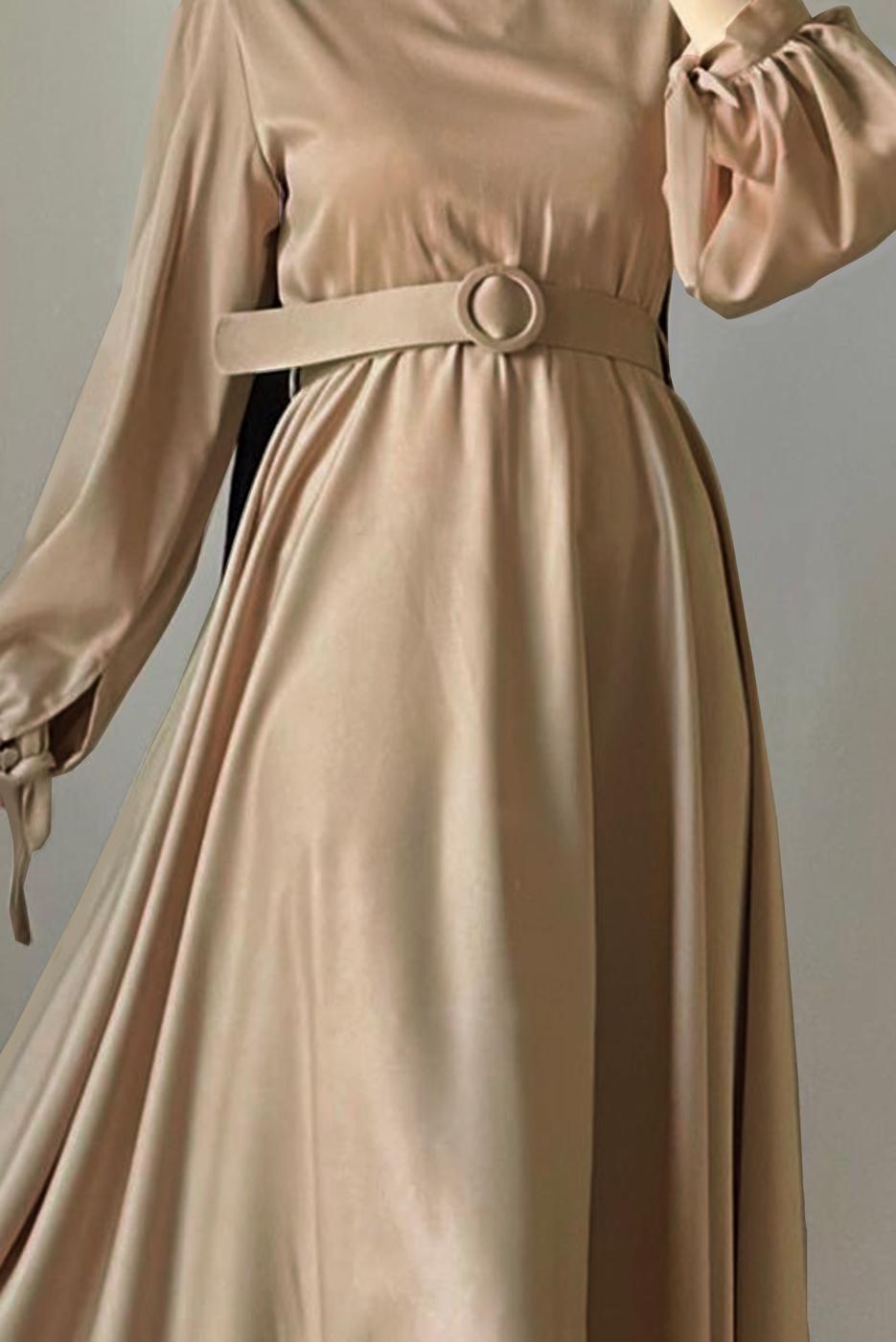 Tesettür giyim KAHVE KEMERLİ SATEN ABİYE ELBİSE T 1395