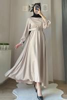 Tesettür giyim BEJ KEMERLİ SATEN ABİYE ELBİSE T 1395