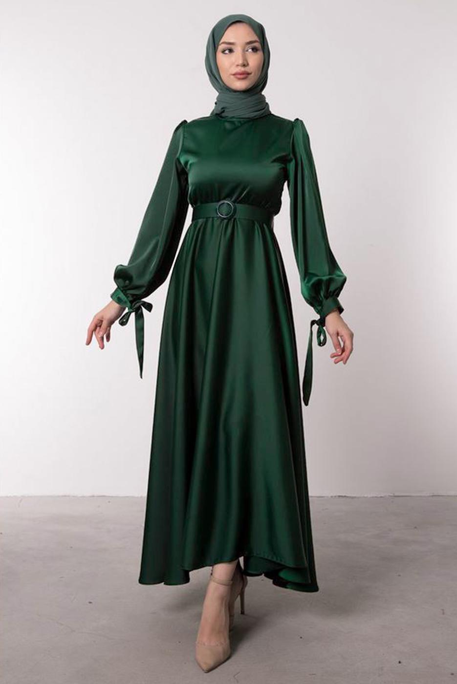 Tesettür giyim YEŞİL KEMERLİ SATEN ABİYE ELBİSE T 1395