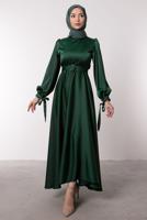 Tesettür giyim YEŞİL KEMERLİ SATEN ABİYE ELBİSE T 1395