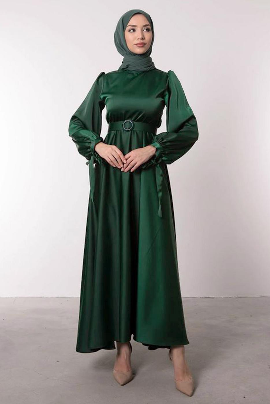 Tesettür giyim YEŞİL KEMERLİ SATEN ABİYE ELBİSE T 1395