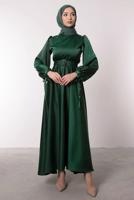 Tesettür giyim YEŞİL KEMERLİ SATEN ABİYE ELBİSE T 1395