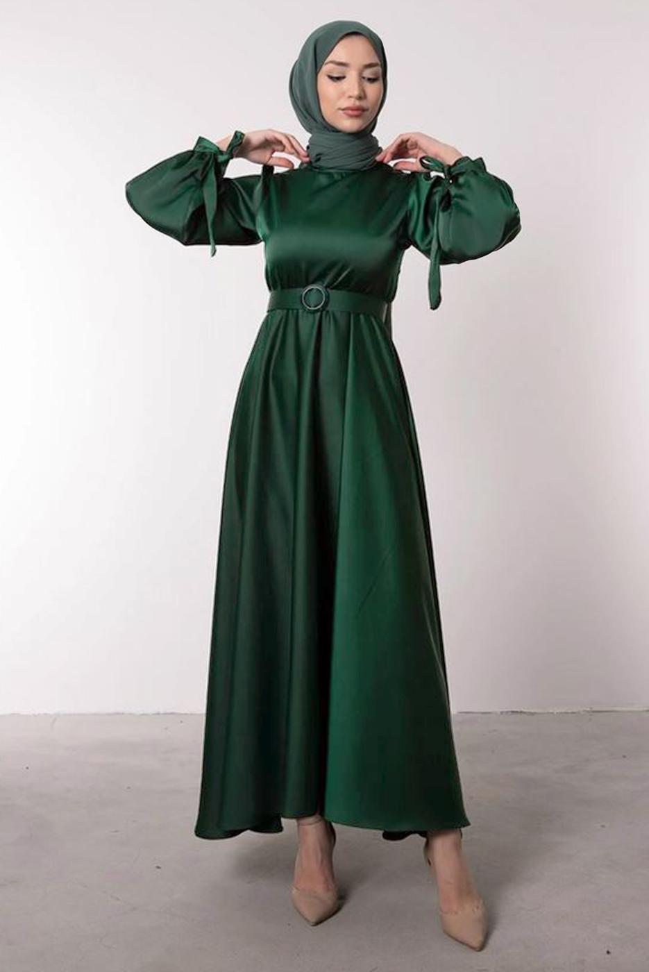 Tesettür giyim YEŞİL KEMERLİ SATEN ABİYE ELBİSE T 1395