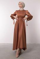 Tesettür giyim KAHVE KEMERLİ SATEN ABİYE ELBİSE T 1395
