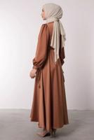 Tesettür giyim KAHVE KEMERLİ SATEN ABİYE ELBİSE T 1395